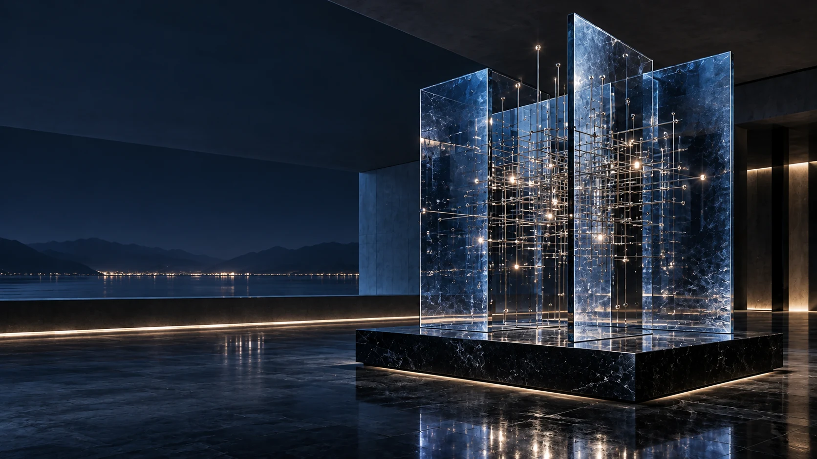 Piani di vetro blu e connessioni metalliche: ambientazione illustrativa dei servizi